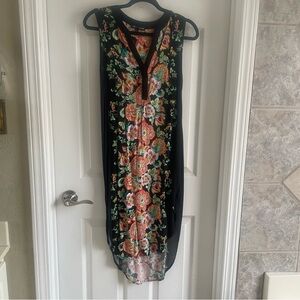 Cable & Gauge Boho Black Floral Round-hem Sleeveless Midi Shift Dress Boho